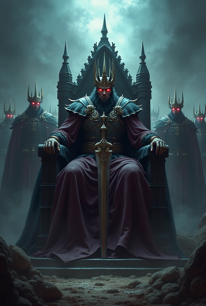 a terrifying king sits on a throne while monitoring the battle