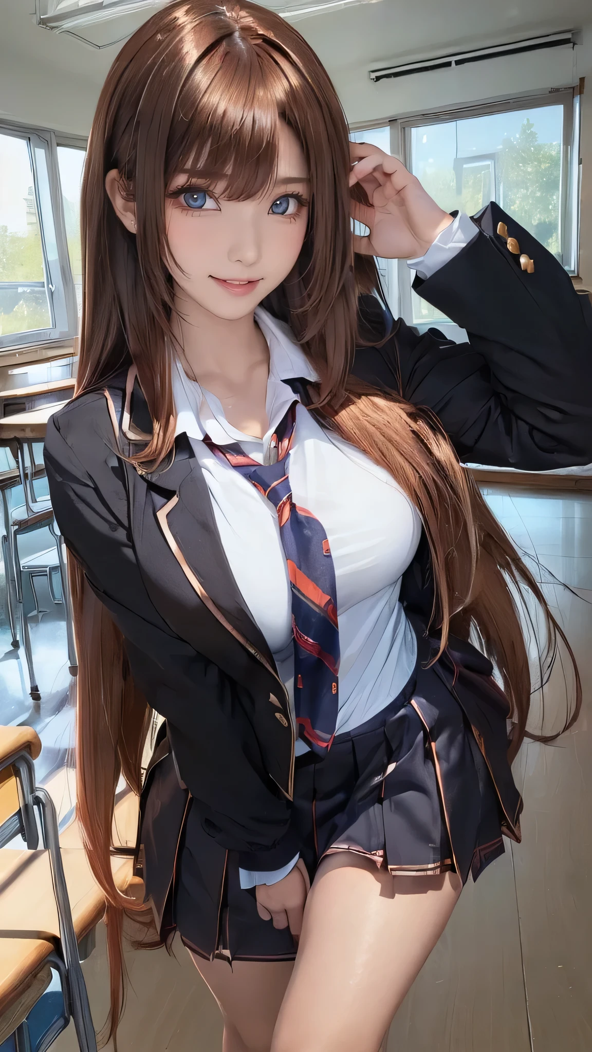 porn image.(from below:1.2),(1girl,ultra detailed skin,curvy,,beautiful breasts,large breasts,pale skin,pointy breasts,erect nipples),(Hyperrealist portrait,(8k),ultra-realistic,high detail,high resolution,best quality,masterpiece,Sense of presence,Dynamic,bold),(thin and soft hair:1.8),(straight hair),(Swept long bangs),(extra light coppery amber hair),(hair over one eye),(clothed:1.5,school uniform:1.5)
