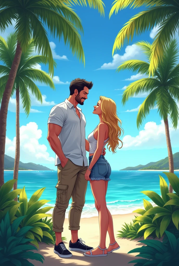 1male, 1female, White female and her black boyfriend, romance, milf, (((scandinavian woman))), blonde wavy hair, detailed face, Huge-breasts, ((Interracial)), Netorare, male dominance, ((African man hugging nordic goddes)), cudding, loving smile, blushing, sidelocks, hourglass figure, wide thighs, pubic hair, full lips, expressive eyes, nude, at Africa beach, absurdres, 4k, amazing quality, masterpiece, best quality, extremely detailed, shadows, highly detailed, highres, very aesthetic, balanced lighting, masculine male, african tribal warrior, dark hair, naked body, dark skinned male