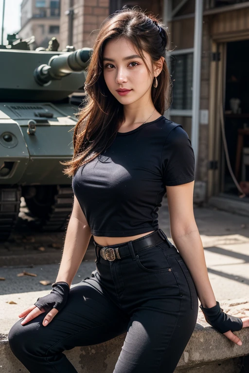 Araki woman standing in front of car in bikini and belt, halter neck top, portrait of Sophie Mulder, waist - shot, wearing sexy cropped top, crop top , military girl, Bella Hadid, front corner, 2 4 year old female model, body: Tiniste Midlif Once, Dilla Badil Murrat, dark pink Jenny, (best quality, masterpiece: 1.2), portrait, outdoors, a 25-year-old woman: 2, same characters, different costumes, different angles, backlight: 1.5, rich skin details : 1.5, wearing a tight desert camouflage vest, wearing a desert camouflage short skirt, wearing a belt, wearing a military watch, armored car with desert camouflage in the background, digital painting, highly detailed, ultra-high quality, professional photography, 8k, ultra HD, desert background, real skin texture, normal and complete fingers, good facial features, clear focus, eye-catching lighting, blue sky