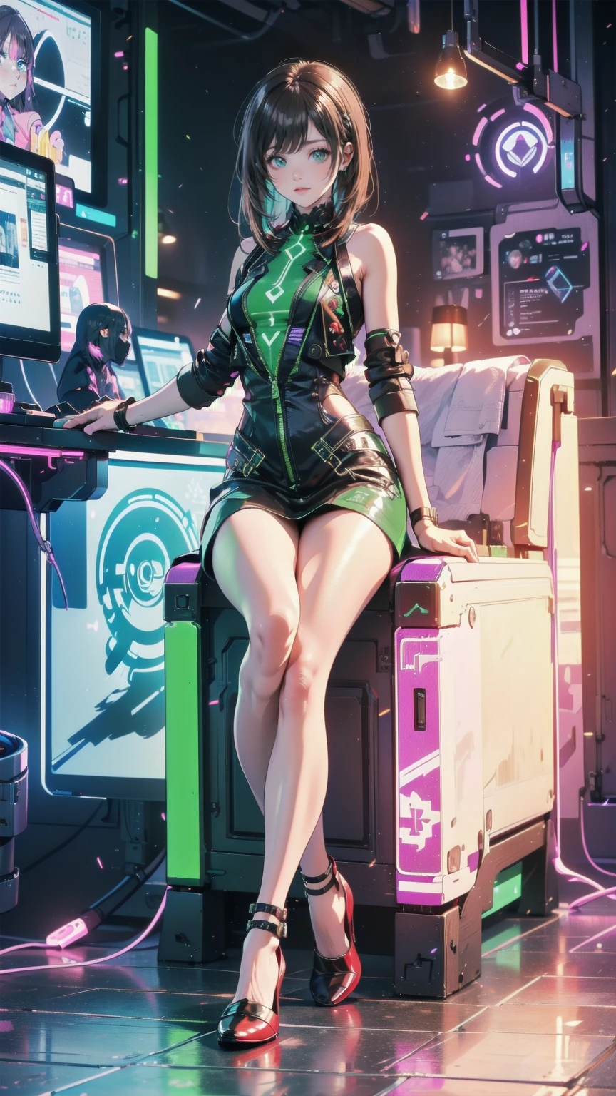 masterpiece, Best Quality, (Focus Only), (Perfect Face:1.1), (whole body), (high detail:1.1), (Ultra-detailed eyes), ((One girl, dramatic, Bright green eyes, Alone, Arrogant look)), ((Neon purple cyberpunk outfit, Mature Face, Face, Adult body, Green emerald eyes, Sexy adult eyes, Adult Eyes)), Art by Artgerm, Cinema Lighting, fashion, Small breasts, Highly detailed face, 大人Face, Very fine grain, ((Long eyelashes, Eyeliner, Frowning, Grin, Malicious smile, Sly Smile, Mouth closed, Fuller lips, Brown Hair, Straight Hair, Straight bangs, Shoulder-length hair, Hair cut to shoulder length, Medium Hair)), Purple clothes, Hourglass-shaped body, Small breasts, Small breasts, Big Hips, Thick thighs, Thick Ass, Pierced Ears, Ear piercing, Mature Expressions, Purple Neon Background, ((Fitness, , Shapely body, Athletic build, Toned body)), ((Forest in the background, Marble balcony, Sitting on the throne, Cross-legged座る, Cross-legged,  High heels, Mischievous, Red lipstick female hacker, Computer Lab, internet, Cyber World ))
