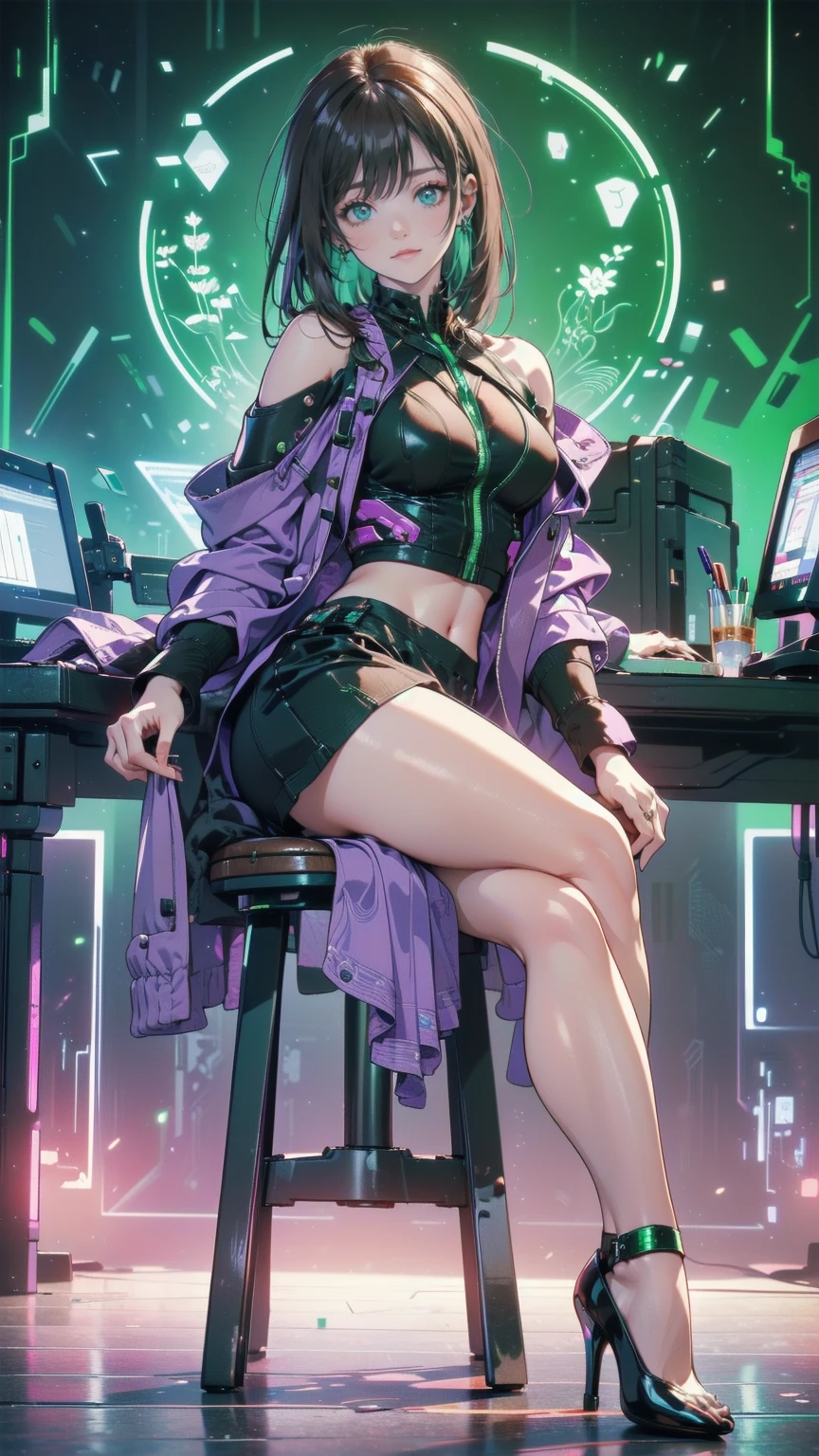 masterpiece, Best Quality, (Focus Only), (Perfect Face:1.1), (whole body), (high detail:1.1), (Ultra-detailed eyes), ((One girl, dramatic, Bright green eyes, Alone, Arrogant look)), ((Neon purple cyberpunk outfit, Mature Face, Face, Adult body, Green emerald eyes, Sexy adult eyes, Adult Eyes)), Art by Artgerm, Cinema Lighting, fashion, Small breasts, Highly detailed face, 大人Face, Very fine grain, ((Long eyelashes, Eyeliner, Frowning, Grin, Malicious smile, Sly Smile, Mouth closed, Fuller lips, Brown Hair, Straight Hair, Straight bangs, Shoulder-length hair, Hair cut to shoulder length, Medium Hair)), Purple clothes, Hourglass-shaped body, Small breasts, Small breasts, Big Hips, Thick thighs, Thick Ass, Pierced Ears, Ear piercing, Mature Expressions, Purple Neon Background, ((Fitness, , Shapely body, Athletic build, Toned body)), ((Forest in the background, Marble balcony, Sitting on the throne, Cross-legged座る, Cross-legged,  High heels, Mischievous, Red lipstick female hacker, Computer Lab, internet, Cyber World ))
