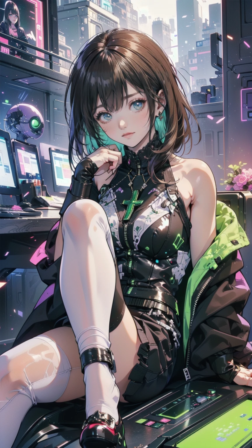 masterpiece, Best Quality, (Focus Only), (Perfect Face:1.1), (whole body), (high detail:1.1), (Ultra-detailed eyes), ((One girl, dramatic, Bright green eyes, Alone, Arrogant look)), ((Neon purple cyberpunk outfit, Mature Face, Face, Adult body, Green emerald eyes, Sexy adult eyes, Adult Eyes)), Art by Artgerm, Cinema Lighting, fashion, Small breasts, Highly detailed face, 大人Face, Very fine grain, ((Long eyelashes, Eyeliner, Frowning, Grin, Malicious smile, Sly Smile, Mouth closed, Fuller lips, Brown Hair, Straight Hair, Straight bangs, Shoulder-length hair, Hair cut to shoulder length, Medium Hair)), Purple clothes, Hourglass-shaped body, Small breasts, Small breasts, Big Hips, Thick thighs, Thick Ass, Pierced Ears, Ear piercing, Mature Expressions, Purple Neon Background, ((Fitness, , Shapely body, Athletic build, Toned body)), ((Forest in the background, Marble balcony, Sitting on the throne, Cross-legged座る, Cross-legged,  High heels, Mischievous, Red lipstick female hacker, Computer Lab, internet, Cyber World ))
