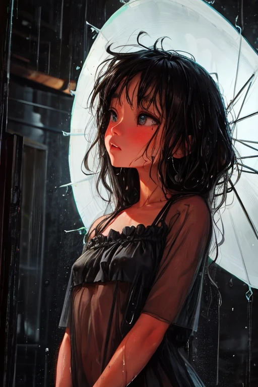 ultra-detailed, vibrant colors, soft natural lighting, fine art, bokeh effect. upper body, casual outfit, medium shot, big eyes, huge eyes, ((standing)), ((raining:1.4)), under the rain, ((gray colours:1.5)), ((at night)), ((dark atmosphere:1.5)), ((small breasts:1.3)), ((flat chest)), ((neon lights:1.4)), ((Hong kong view on the background:1.4)), ((wet hair:1.5)), ((wet:1.4))