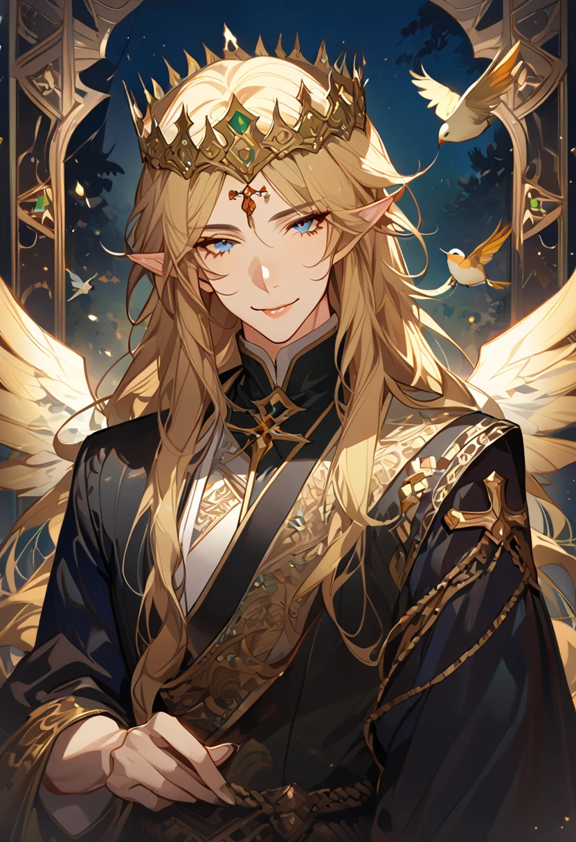 masterpiece, best quality, 8k ,4k , 1male, elf King, Golden Blond, Blue greenish eyes, gold wreath crown, hair ornament, long hair, finely detailed eyes and detailed face, looking at viewer, black sleeveless, half robe, patterned clothes, gold embroidery clothes, meticulous clothes, mature clothe, majestic looks, smiling gently, small bird, full body, inspired by Asukaziye artist : ask, art style : ask