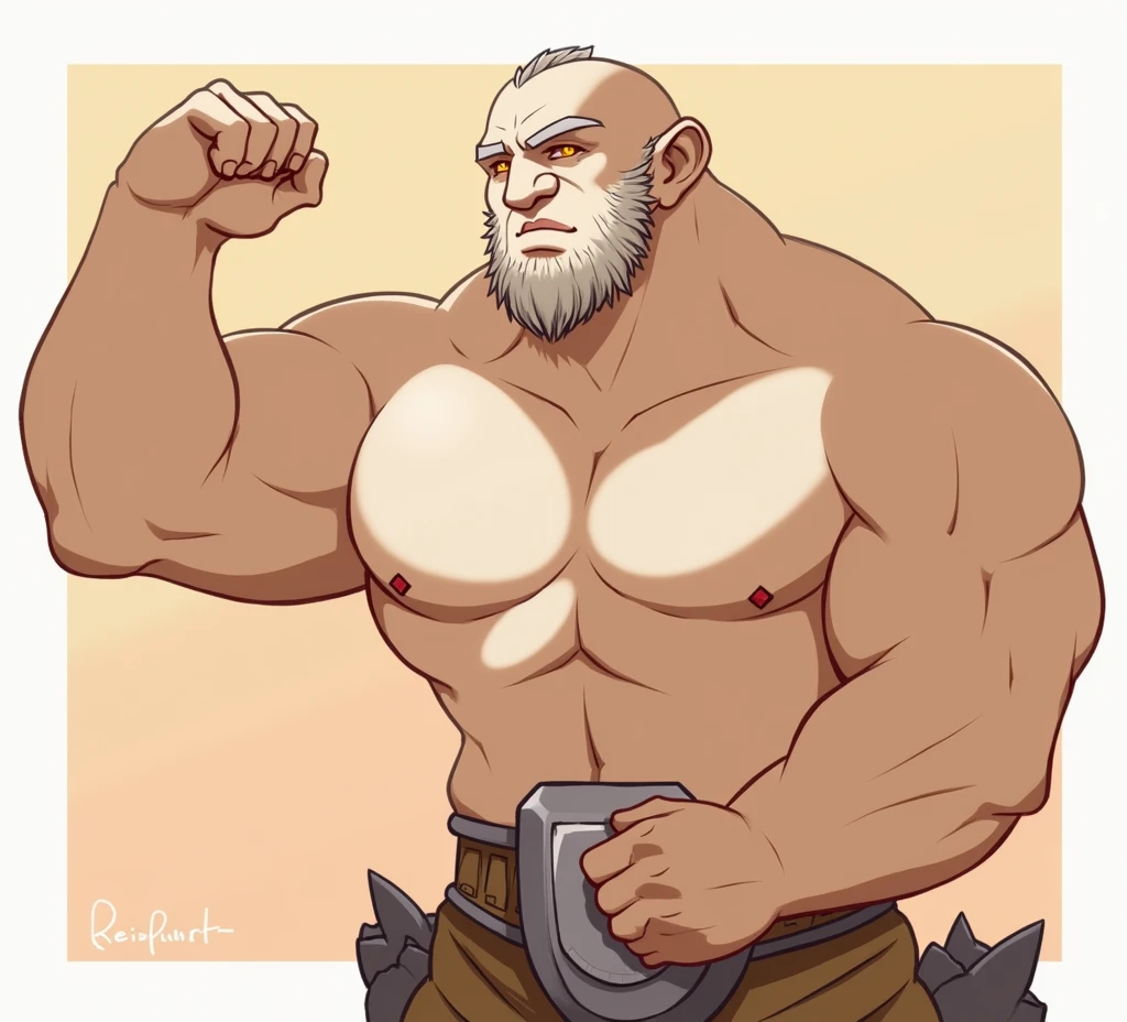 Dwarven Elder fat Glaring face Blue Eyes Short large round nose Age Line In the woods the base of the tree Lying on your back A long, large, fluffy, bouncy white beard Bouncy mustache Long, wide beard Frowning Deep wrinkles on the face Black leather tank top shirt Almost naked Super hairy white hair Super hairy chest White armpit hair Sweat The shirt is rolled up a little, exposing the navel, stomach hair, and pubic hair. Gauntlets Spread your legs Super hairy legs Super hairy legs Ass hair Plump Covering the crotch with the left hand A lot of white pubic hair sticking out from under the hand One knee Anime taste