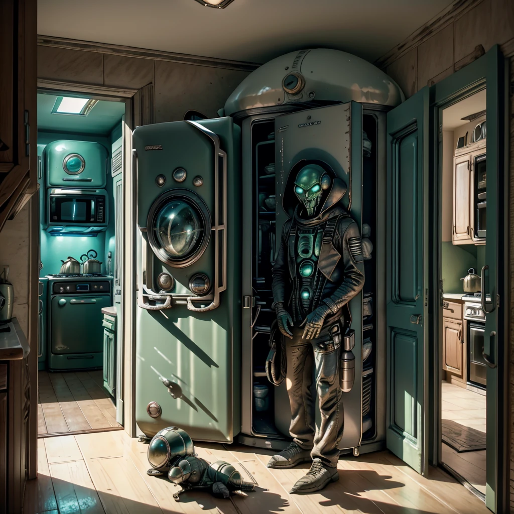 Alien invasion from the refrigerator! A small old shabby kitchen full of stuff. In the center of the frame is an open refrigerator, it's a portal to another universe. from the door of the refrigerator comes a monstrous alien with a futuristic weapon in his hand. Bright sunny kitchen lighting, bright juicy colors, ultra-detailed drawing.