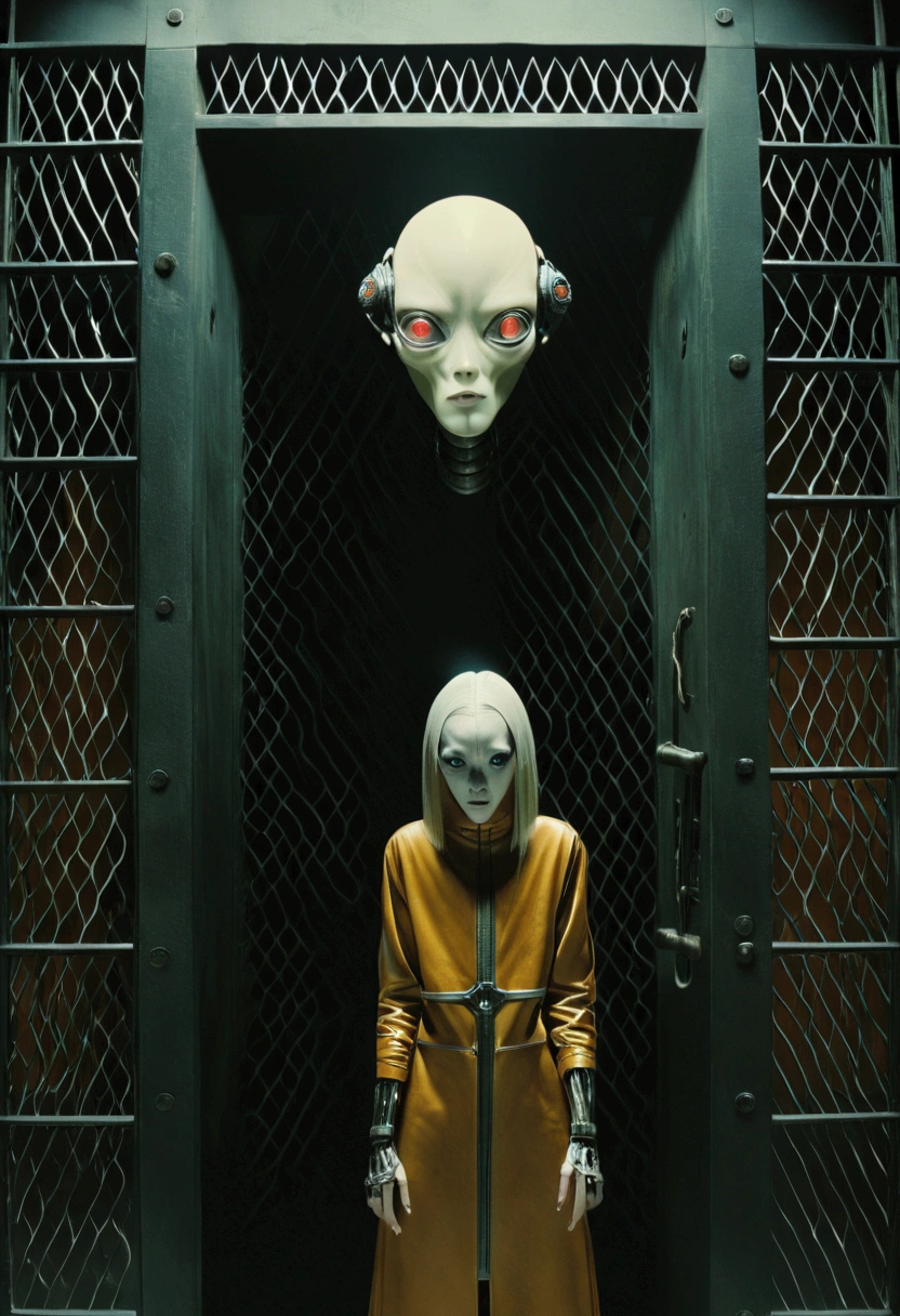 arafed man standing in a jail cell with a caged door, die antwoord music video, still from the movie saw, movie still of cyborg, still from a music video, still from alita, altered carbon, movie still of aztec cyborg, leather clothes under the armor, dark taint :: athletic, movie still of a alien cyborg, cage  