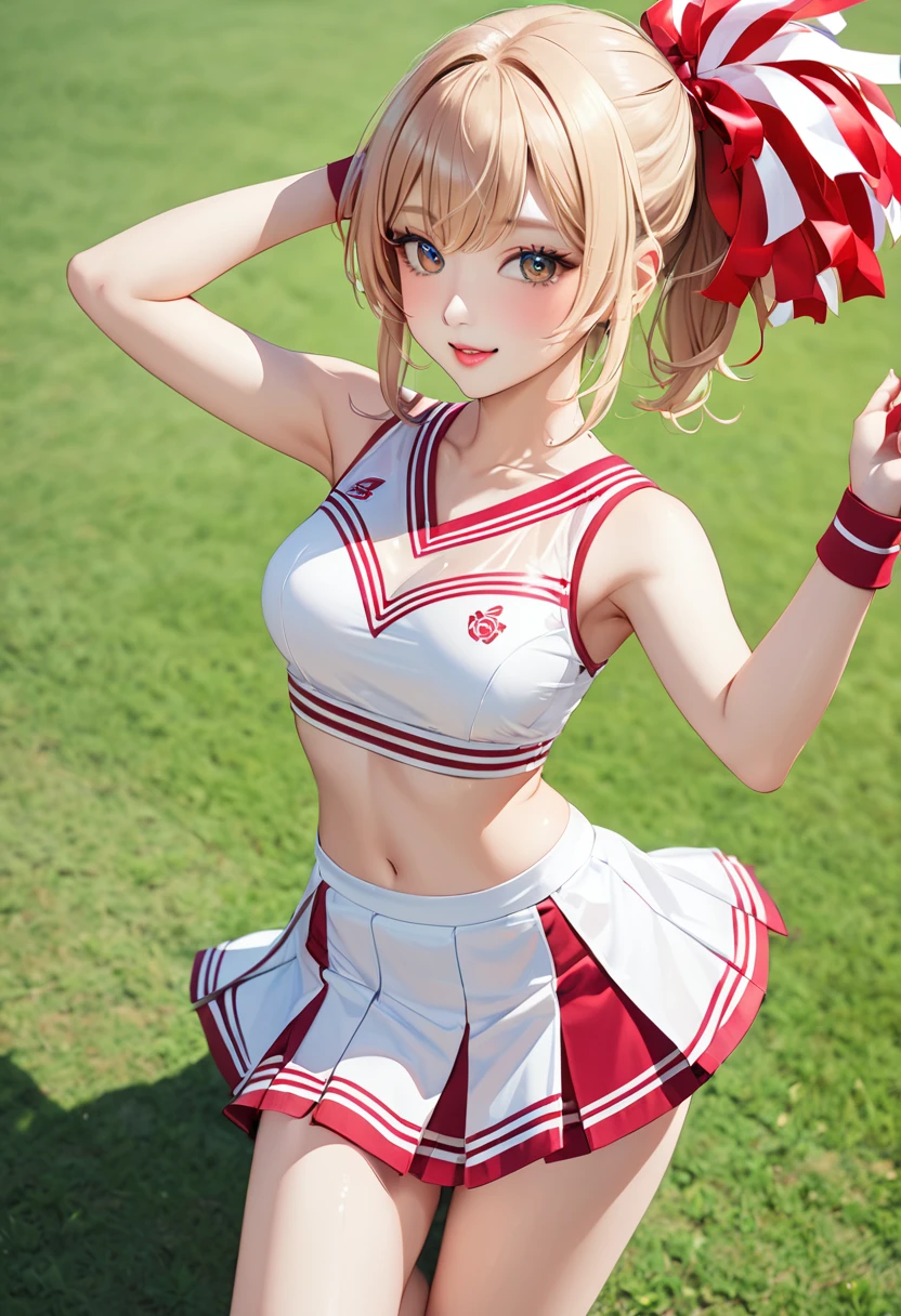 ((((masterpiece, best quality, high resolution)))), Extremely detailed 8K, Beautiful girl with voluptuous body, (Ultra HD, Ultra-detailed, Highly detailed, Highly realistic, Ultra-realistic, photograph realistic), (1girl:1.5), (Realistic white hair), (short silky hair, hair ornaments, earrings), (dynamic poses), facing at camera, looking at viewer, (blushing red, embarrassed, exhausted, smirk), (bright red eyes, sharp eyes), (small perky breasts:1.2), (wide hips:1.2), (beautiful detailed face, beautiful detailed eyes), ((cheer leader outfit, skirt)), (standing up:1.3), sweat, glow, (sunbeam, sunlight), ((cowboy shot)), seductive, glistening sweat