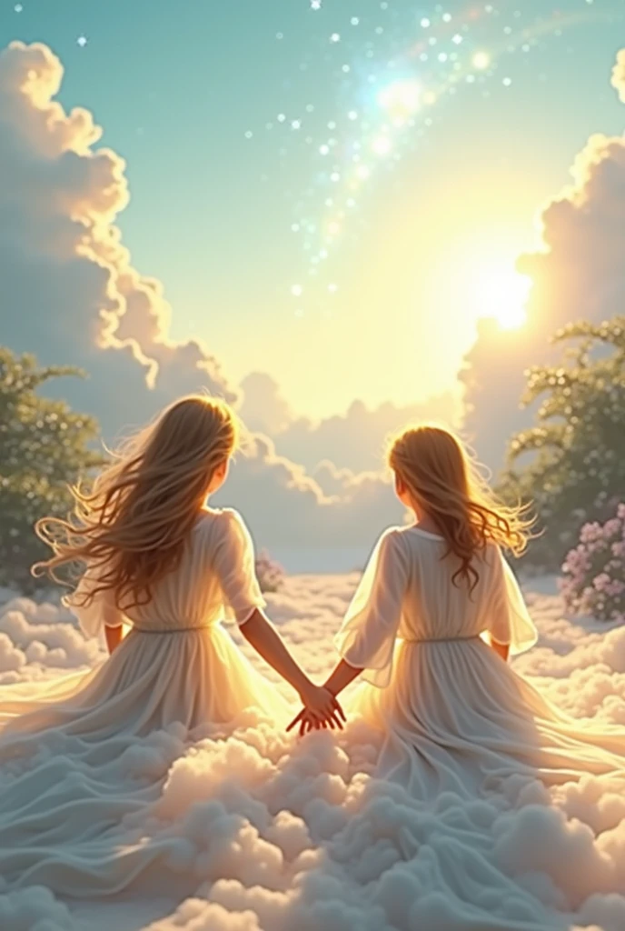 European and American goddesses，beautiful back view，Standing on the top of the mountain，Sunset sunset，sea of clouds，