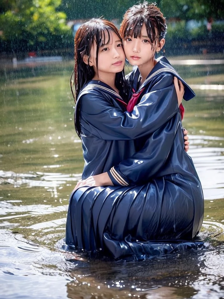 Realistic, Japan, women hugging, uniform, sailor uniform, long skirt, wet clothes sticking to the skin, fabric sticking to the skin, visible outline, clothes with a wet texture, completely wet clothes, clothes that change color when wet, rain, being caught in the rain, woman submerged in water, completely wet, clothes that have absorbed water, woman wearing wet clothes, clothes wet from the rain