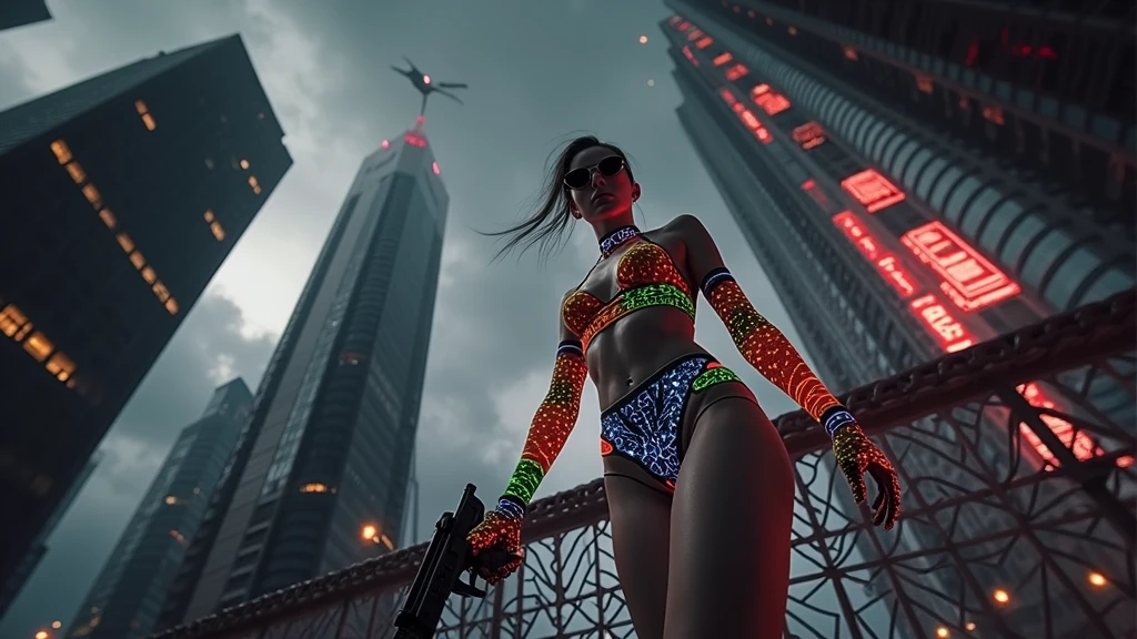 (((a medium-breast bikini slim GIRL with black micro sunglasses))), (((aiming at viewer with a pistol))), a balcony of a futuristic building, aerial view of an ultra-futuristic megalopolis, many metal buildings and houses in dark colors from dark blue to black, a cidade tem tons de cinza metal, has smoky metal structures , industrial environment with smoke and fog around, carros escuros nas ruas, desert megalopolis, trilhos e trens modernos de de metal passando estre as ruas da cidade, tall futuristic metal buildings, many ultra modern buildings around, realistic, detailed, sci-fi.
