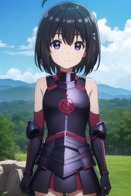 Buffly Maple, Maple, short hair, bangs, black hair, hair accessories, (purple eyes: 1.1), ahoge, bob cut, smiling face,
BREAK knee socks, gloves, off shoulder, boots, black gloves, elbow gloves, armor, red knee socks, black armor, black skirt,
BREAK outdoors, forest, nature, sky, sun, clouds,
BREAK staring at the viewer,
BREAK (masterpiece: 1.2), highest quality, high resolution, Unity 8k wallpaper, (illustration: 0.8), (beautifully detailed eyes: 1.6), highly detailed face, perfect lighting, highly detailed CG, (perfect hands, perfect anatomy),