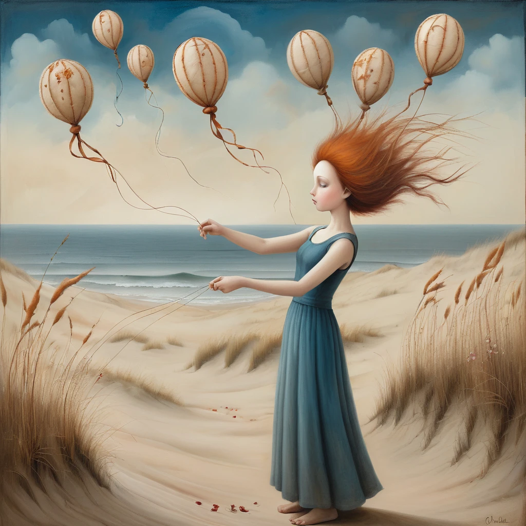 oil and acrylic painting  of a coastal scene. In the style of Gabriel Pacheco, (nicoletta ceccoli), Tracy Grimwood. A young woman energetically holds a thread to which are attached several theatrical masks floating in the sky and tries to prevent the wind from ripping the thread from her hands .  The background is a dune with autumn grasses and flowers from which the sea and high cliffs can be seen. Use theatrical masks to enrich the meaning of the image, which should convey the woman's effort to prevent the wind from tearing the thread from her hands. dreamlike and surreal atmosphere. Colors ochre, amber, orange, browns, octanium blue, skillfully dosed to create contrasts and soft shadows