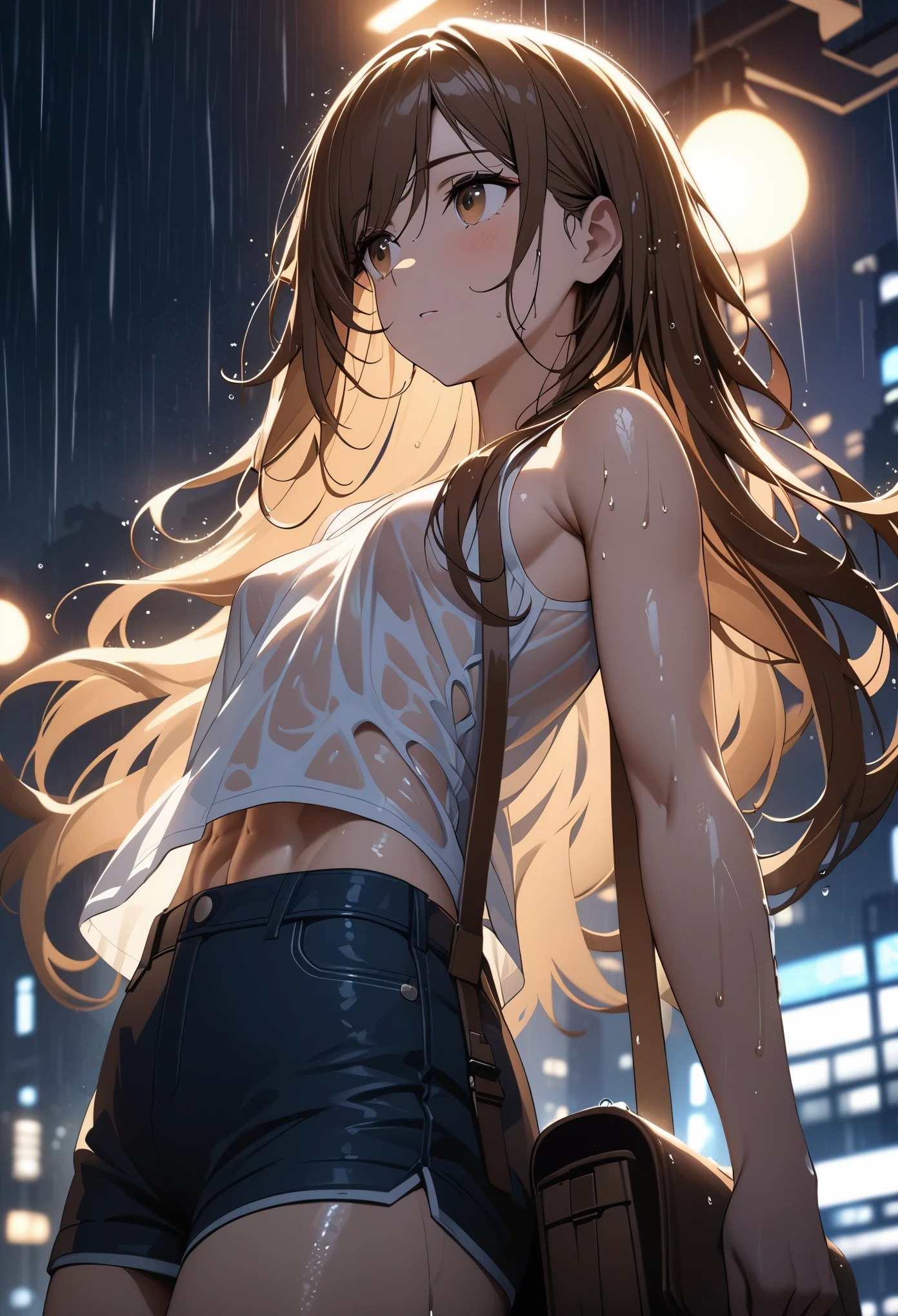 A woman in shorts and a tank top standing in the rain - SeaArt AI
