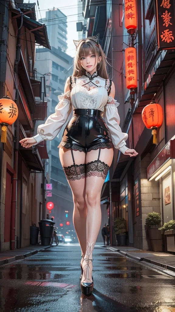 masterpiece,best quality,high resolution, 1 plump girl,from below,(The legs are very thin and straight)，,(legs are very long，straight legs),,High heel,long legs,stood up, Leg length when viewed from the front, Perfect body,Have perfect legs,(lure)，Full body female love，Cyberpunk characters，dynamic poses，1 plump girl，exquisite eyes，brown eyes，eye shadow，make up，long gray hair， Detailed faces， delicate eyes， looking at the audience， blush blush\（make up\）， full lips， red lips，（long gray hair：1.3）， （stood up）mechanical static，Mechanical Summons，(hair accessories:1.1)，((((lace ，short shorts))))，(black stockings)，City，Luminous winding，，cyberpunk lamp:1.1)，neon lights，Fully mechanical and futuristic elements，technology，the background is a traditional Chinese street，China Town， street， sky sky， Cyberpunk characters， paper lantern， neon lights super resolution，（Realism：1.3），1（Slim：1.2），dramatic lighting，Vibrant details，Luxury Cyberpunk，complex background，