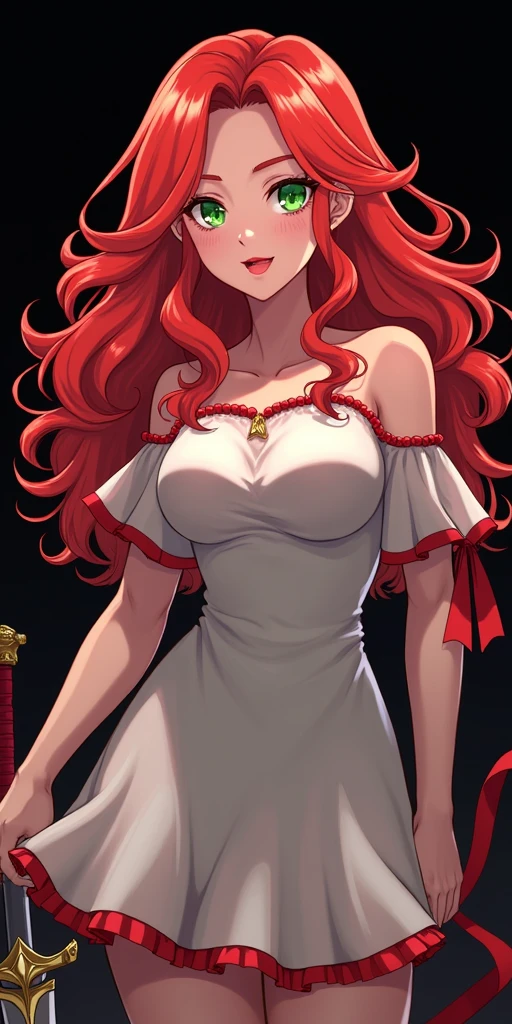 <lora:caberuel-v1-lora-any:0.6>,girl, red hair, long hair, solo, dress, necklace, cleavage, hair ornament, flower,pearl necklace,red nails,purple dress, grey eyes,mole under eye,cross legs,white background