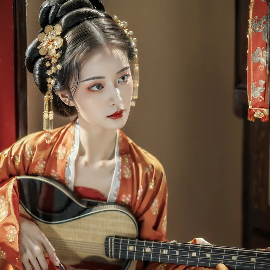 ((high quality, 【8k, masterpiece: 1.3)), sharp focus :1.2,     ((Slim and charming figure)).   Super detailed face,   Lips are very detailed,    delicate eyes,   long eyelashes,    Makeup face.   Red lipstick.  hair accessories,    bun,  grace,    enchanting,

((Chinese traditional clothing)) ，(((with guitar)))，Sing

