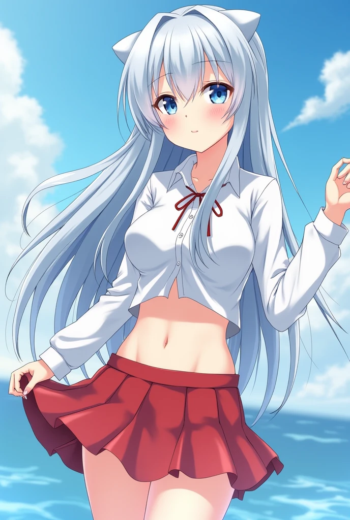 masterpiece, (realistic, photo realistic:1.2), ((highest quality), extremely fine and beautiful, beautiful face details, real human skin, realistic, photorealistic, 1girls, chibi, smile on face, cow-boy shot, Student uniforms, shirt with collar, necktie, Red skirt, huge long breasts, Tiny breasts, emphasis A-cup, White shirt, White underwear, (wind, wind lift, Skirt lifted by the wind, skirt rolled up by the wind, Skirt flutters:1.5), (Fully exposed panties:1.5), (white ribbed panties:1.5), (standing a:1.7),