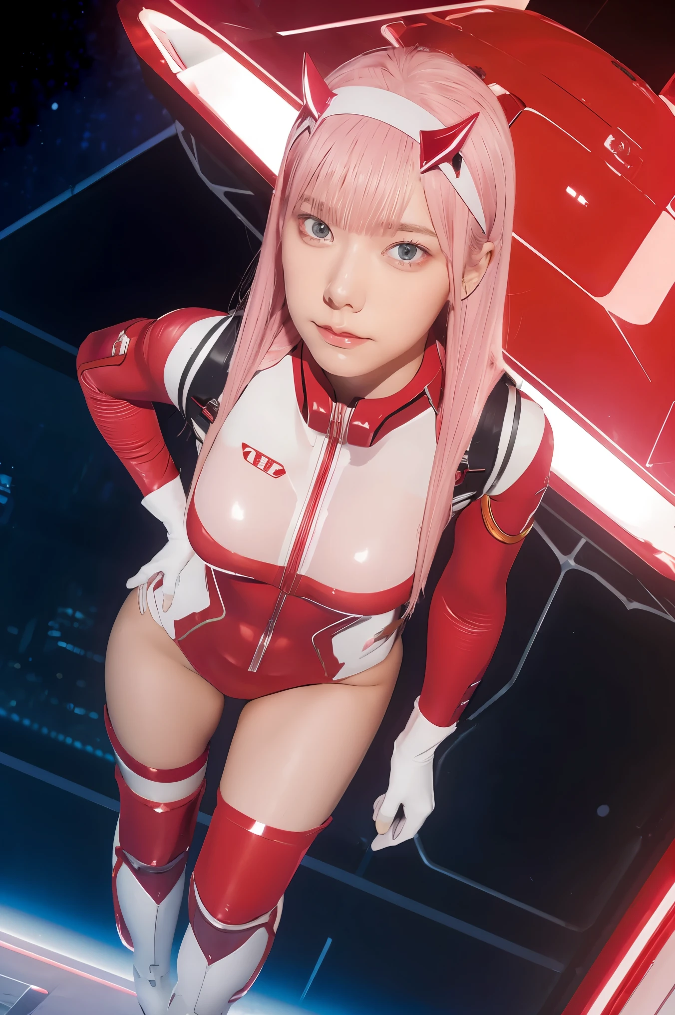 (Overhead view),dynamic angle,ultra-detailed, illustration, straight on, 1girl, ((Zero two, interface headband with a pair of horns, red bodysuit:1.4, pink hair)), Her eyes shone like dreamy stars,(glowing eyes:1.233),(beautiful and detailed eyes:1.1),(expressionless, closed mouth),(standing), (mechanic room with tools and spaceship window in a white SPACESHIP), (night:1.2), dreamy, [[delicate fingers and hands:0.55]::0.85],(detail fingers), smirk,