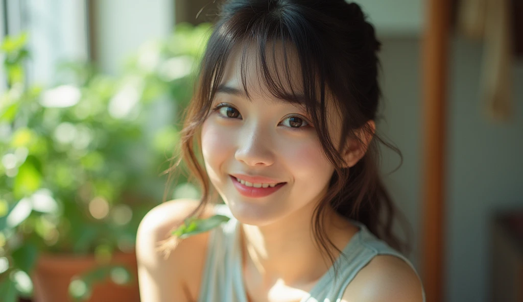 (Beautiful 16 year old Japan woman), cute face, (deeply carved face:0.7), (freckles:0.6), soft light,healthy white skin, shy, (smile), slender, bathtub, I take a shower, nipple, small breath