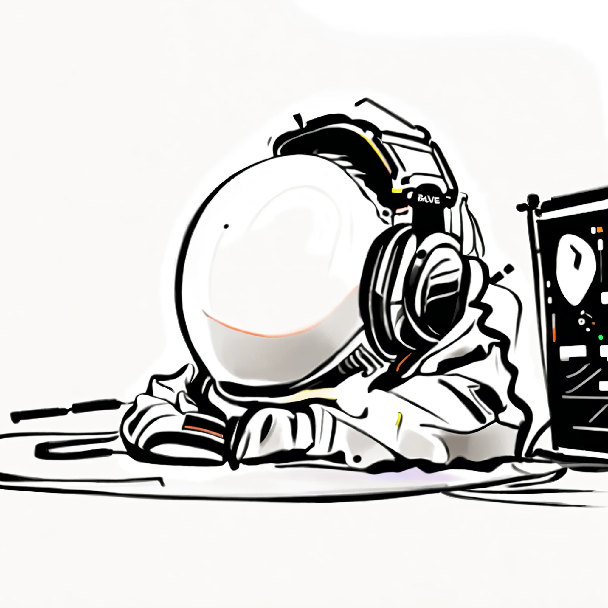 cartoon of a man sitting on the ground with headphones on, headphones dj rave, with head phones, dj set, vibing to music, space suit with a modern helmet, listening to music at 2 am, an astronaut relaxing in space, music being played, with headphones, turntablism dj scratching, listening to music, digital art - w 0, dj