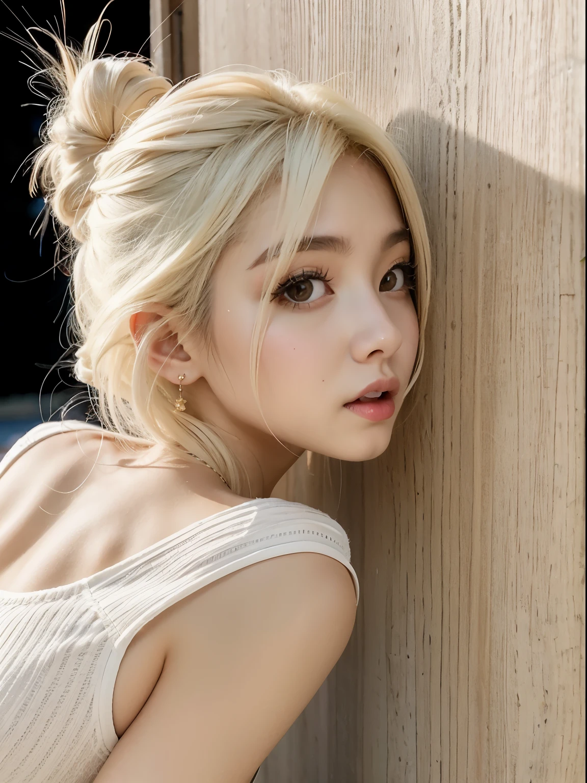 Arafed woman leaning against a wall with a messy ponytail, Jinyoung Canela, Parque Roseanne do Blackpink,  Korean, white hime cut hairstyle, ulzzang, Mulher sul-Korean bonita, maquiagem sul-Korean popular, Twice Tzuyu, Heonhwa Choe, maquiagem Korean popular, her hair is white, mulher Korean jovem bonita, pale hair