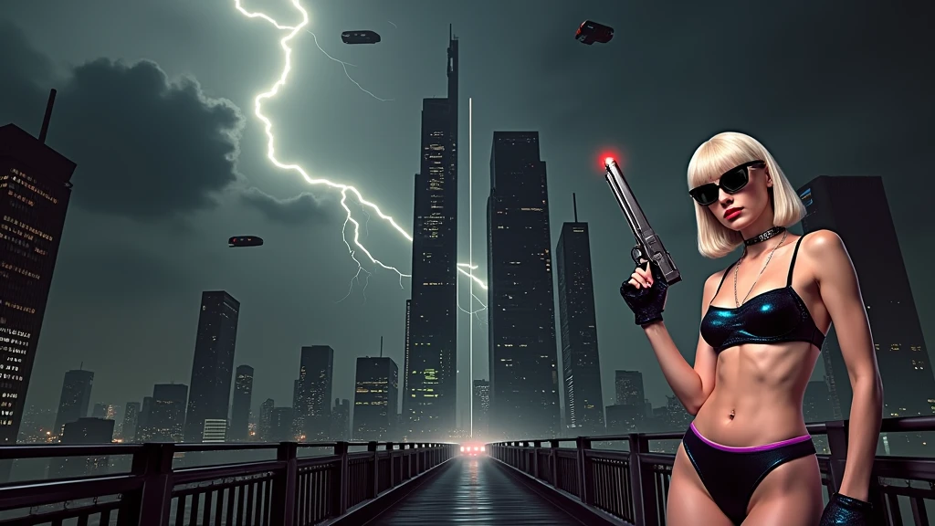 At night, dark sky, aerial view of futuristic sci-fi cyberpunk city, skyscrapers, flying vehicle, (vortex-spirit-spreading giant hologram clock tower as time machine), lightning, high quality. Matrix style, at night, (1girl, solo, alone), photorealistic, medium-breast slim:0.6 body, oval:0.5 face, cleavage:1.1, sexy black laced bra, low angle view of miniskirt, white laced panty, coat, (black micro sunglasses), (holding a short gun), (slightly leaning forward running pose), ((half-body thigh level medium shot)), cinematic lighting, ray tracing, zoom blur background.
