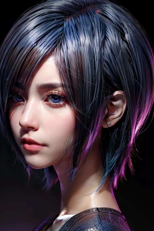 Touka Kirishima, Tokyo Ghoul, blue-violet eyes, blue-violet hair, beautiful and calm facial features, short hair covering the left side of her face,