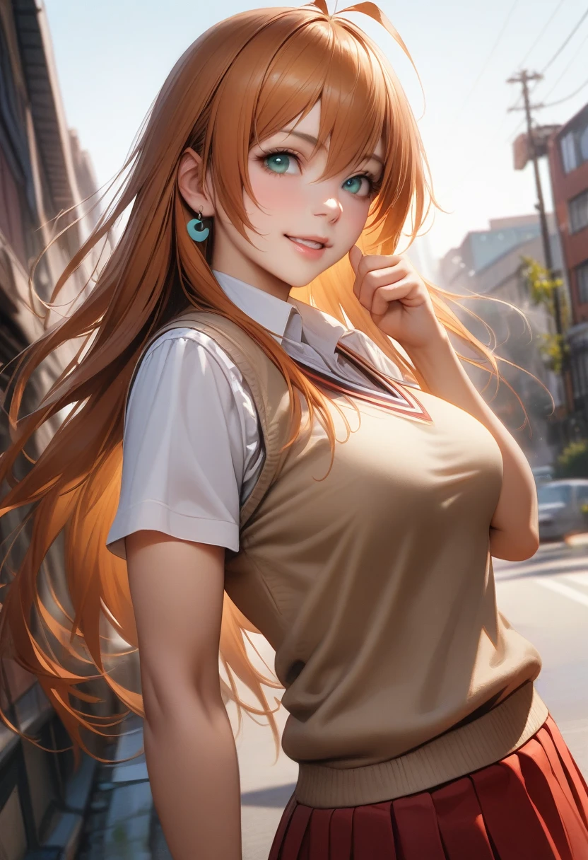 1girl, good anatomy, masterpiece, best quality,realistic, hyperrealistic, 16k hdr,, perfect face, nice eyes and face, textured skin, absurdres, highres, wzhakufu, long hair, magatama earrings, school uniform, red ultra miniskirt, pleated skirt, large breasts, antenna hair, orange hair, aqua eyes, sweater vest, standing, cowboy shot, smile, outdoors, (skirt lift herself,strong wind:1.2), levitation hair, natural light,erected nipples,from below,micro panties,spread legs,navel,sexy pose