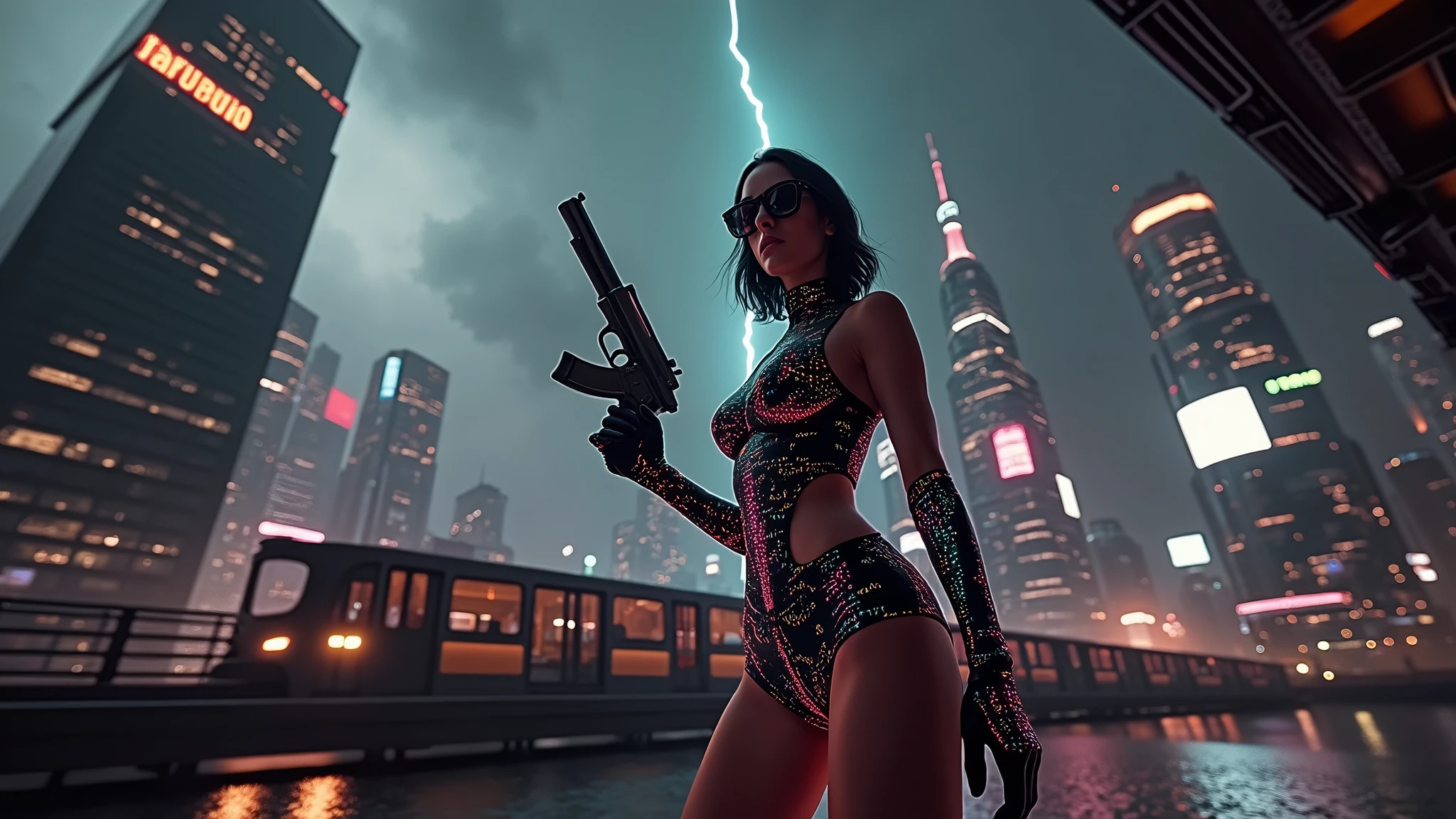 At night, aerial view of a mysterial sky garden, horror dark statue, a holographic cyberpunk city in the background with flying vehicle, fountain, waterfall, lightning, atmospheric fog, Matrix style, at night, (1girl, solo, alone), photorealistic, medium-breast slim:0.6 body, oval:0.5 face, cleavage:1.1, sexy black laced bra, miniskirt, white laced panty, coat, (black micro sunglasses), (holding a short gun), (slightly leaning forward running pose), ((half-body thigh level medium shot)), cinematic lighting, ray tracing, motion blur background.