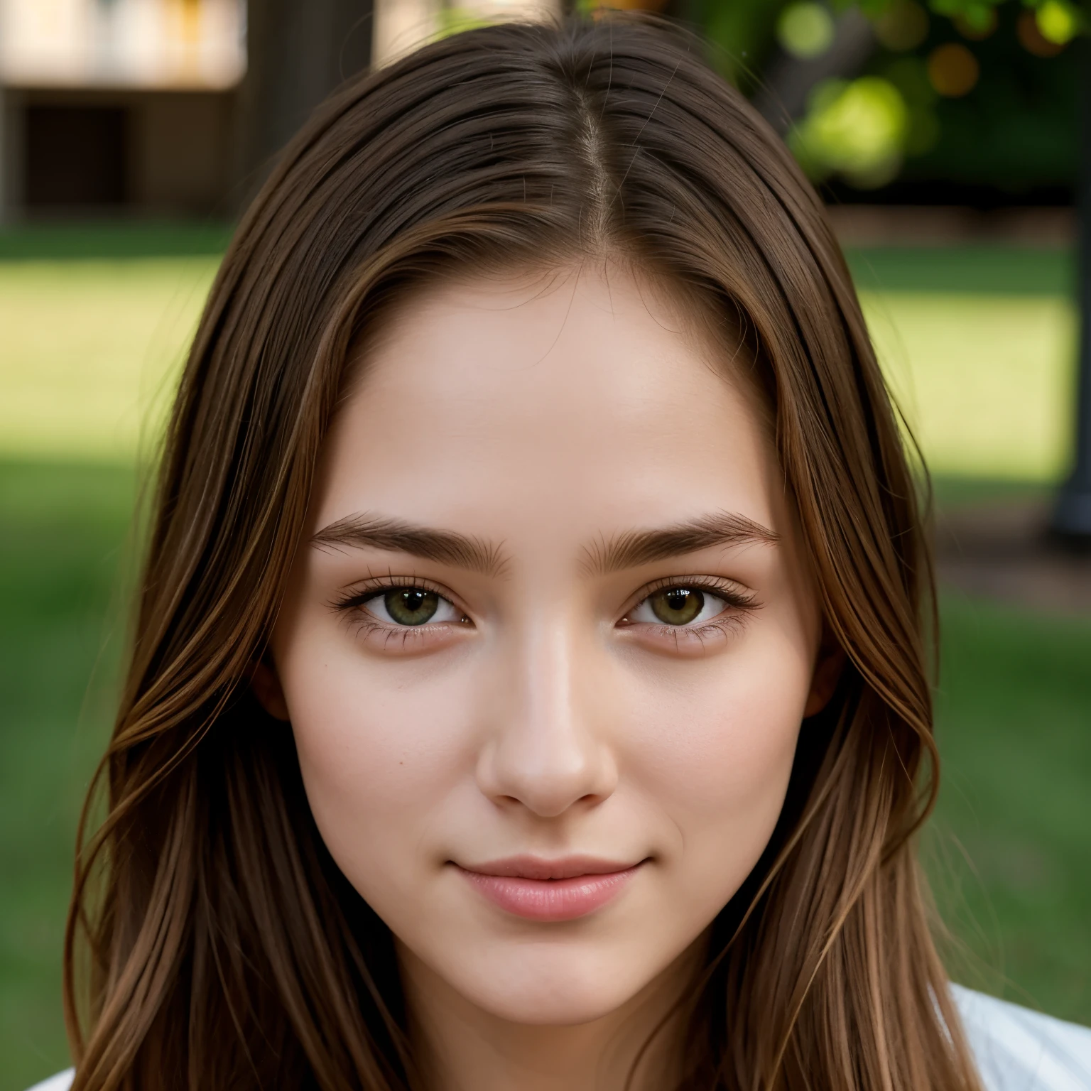 Young girl with an oval face and porcelain, fair skin. She has long, slightly wavy chestnut hair with golden highlights. Bright green, almond-shaped eyes, framed by long black eyelashes. There is a slight thoughtfulness in her gaze., and the color of the eyes changes depending on the lighting, sometimes golden hues appear. neat, Slightly arched eyebrows add softness to the facial expression. The nose is graceful, slightly upturned, with smooth lines. Lips of medium fullness, symmetrical, natural pink shade, which rise slightly when you smile, creating a friendly expression. The chin is rounded and soft, which emphasizes her femininity and harmonious facial features. The overall image of the girl radiates tenderness, ease and confidence.