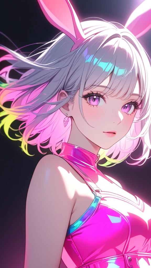 4K, A high resolution, Best quality at best, masterpiece, perfect colors, perfect shadow, perfect litthing, ((sportrait)), 1woman, perfect body, heterochromia eyes，dark blue hair , blue eyes, With round lenses, The audience watched carefully, (s face: 1.2), Perfect female figure, (( dynamic pose)), ((pink Tight crop top, half breast open, pink leather suit)), ((shy and looking at viewert)), (Perfect thick white eyebrows) Delicate fur, 详细s face, s the perfect face,  , (retro arcade game background), ((Bonifasko lighting)), (The round lenses on his eyes)(詳細な目), (Face close up), Perfect student, 