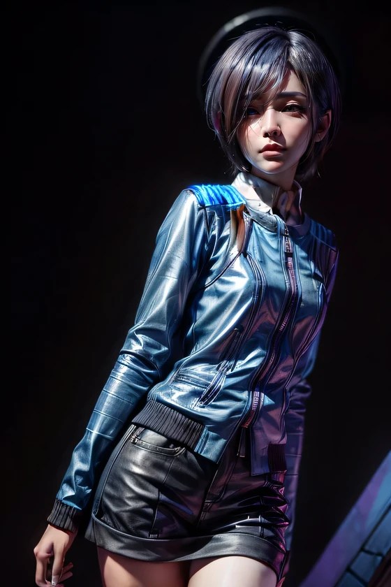 Touka Kirishima, Tokyo Ghoul, blue-violet eyes, blue-violet hair, beautiful and calm facial features, short hair covering the left side of her face,