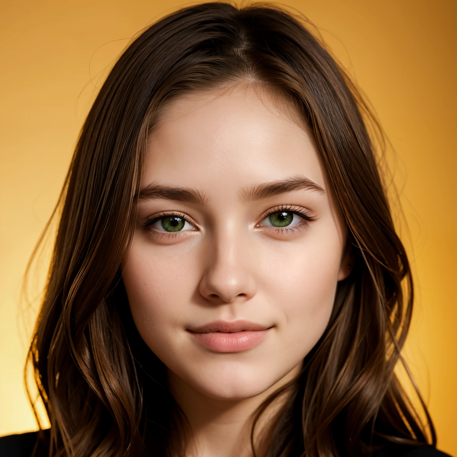 Young girl with an oval face and porcelain, fair skin. She has long, slightly wavy chestnut hair with golden highlights. Bright green, almond-shaped eyes, framed by long black eyelashes. There is a slight thoughtfulness in her gaze., and the color of the eyes changes depending on the lighting, sometimes golden hues appear. neat, Slightly arched eyebrows add softness to the facial expression. The nose is graceful, slightly upturned, with smooth lines. Lips of medium fullness, symmetrical, natural pink shade, which rise slightly when you smile, creating a friendly expression. The chin is rounded and soft, which emphasizes her femininity and harmonious facial features. The overall image of the girl radiates tenderness, ease and confidence.