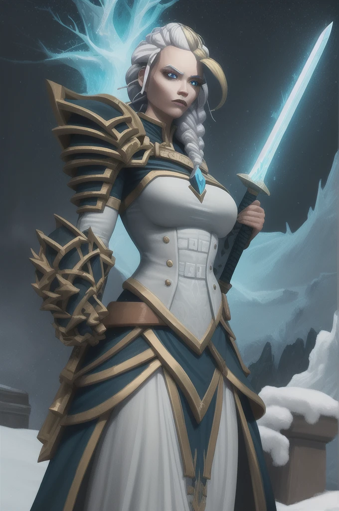 (highres, high quality:1.2), (cinematic lighting:1.1), extremely detailed,
JainaProudmoore as death knight, 1girl, solo, cowboy shot, looking at viewer, standing, holding glowing frost sword, (planted sword:1.1), (hands on hilt:1.2),
determined, looking at viewer,
white hair, blonde hair, streaked hair, single braid, eyeshadow, lipstick, makeup, detailed face, glowing blue eyes, 
death knight armor, (skull armor:0.6), shoulder armor, fur trim, (breastplate:1.2),
winter, frost, night sky, ice throne,
wowdk,