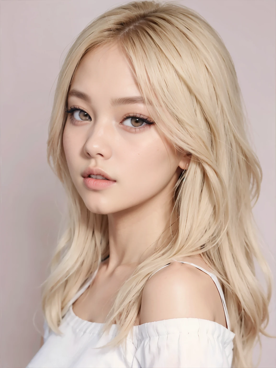 a close up of a woman with long blonde hair and a white top, roseanne park of blackpink, lalisa manobal, popular south korean makeup, portrait of jossi of blackpink, portrait of kpop idol, lalisa manoban of blackpink, popular korean makeup, portrait of female korean idol, jinyoung shin, jossi of blackpink, korean idol, korean face features