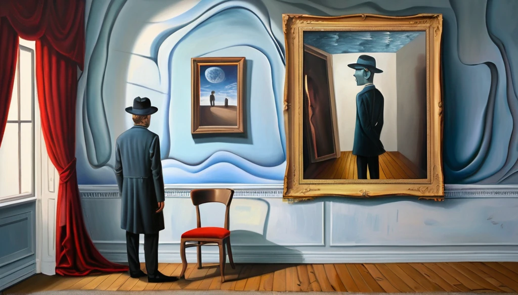 Surreal oil painting, Man in Hat, stands with his back to the viewer, he is looking at a picture hanging on the wall, There is a painting hanging nearby, на которой изображен Man in Hat, standing with his back to the viewer. Background - empty room with chair. Surrealism, aesthetic art of surrealism, surrealism in aesthetic form, emotional surrealism, paradox, dream-like unreality, Quirkiness, bizarre contrast, intricacy.