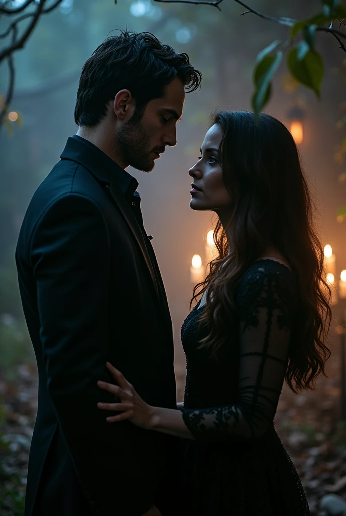 Vampire in suit and black tie red cape with his wife at night under candlelight