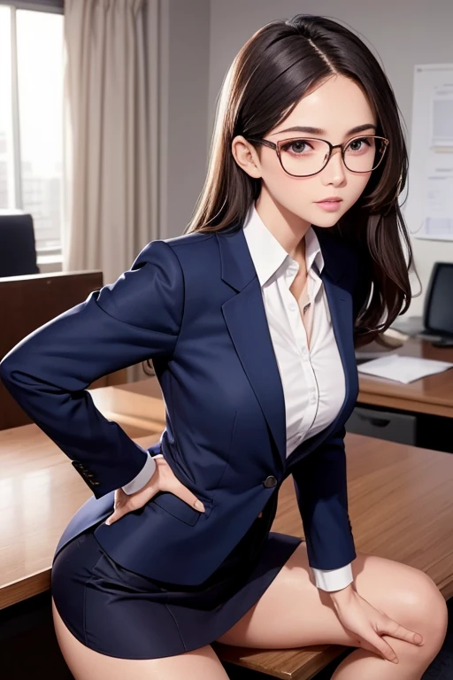 ((Best Quality)), ((masterpiece)), (detailed),Perfect anatomy, Natural Light,2 office lady in modern office,,Cute woman with a blushing face,Woman with long brown hair,Women are perceived as very intelligent,((Best Quality, 8k, masterpiece: 1.3, )),Woman in suit,A well-balanced body is slim，Slim waist body line,Large Breasts,Small Ass,Long, slender legs，Long, thin hands， detailedな顔, detailedな肌, fine grain, detailedな唇, detailedな舌, detailedな指, Mouth detailed, Beautiful teeth alignment,Realistic,  High resolution, Natural Light, Dynamic pose,Toned Legs, Double eyelids, Tear bags, Round eyes, Wearing a white open-collar shirt,Wearing a navy blue blazer and a short, tight navy blue skirt,A woman wearing black-rimmed glasses,