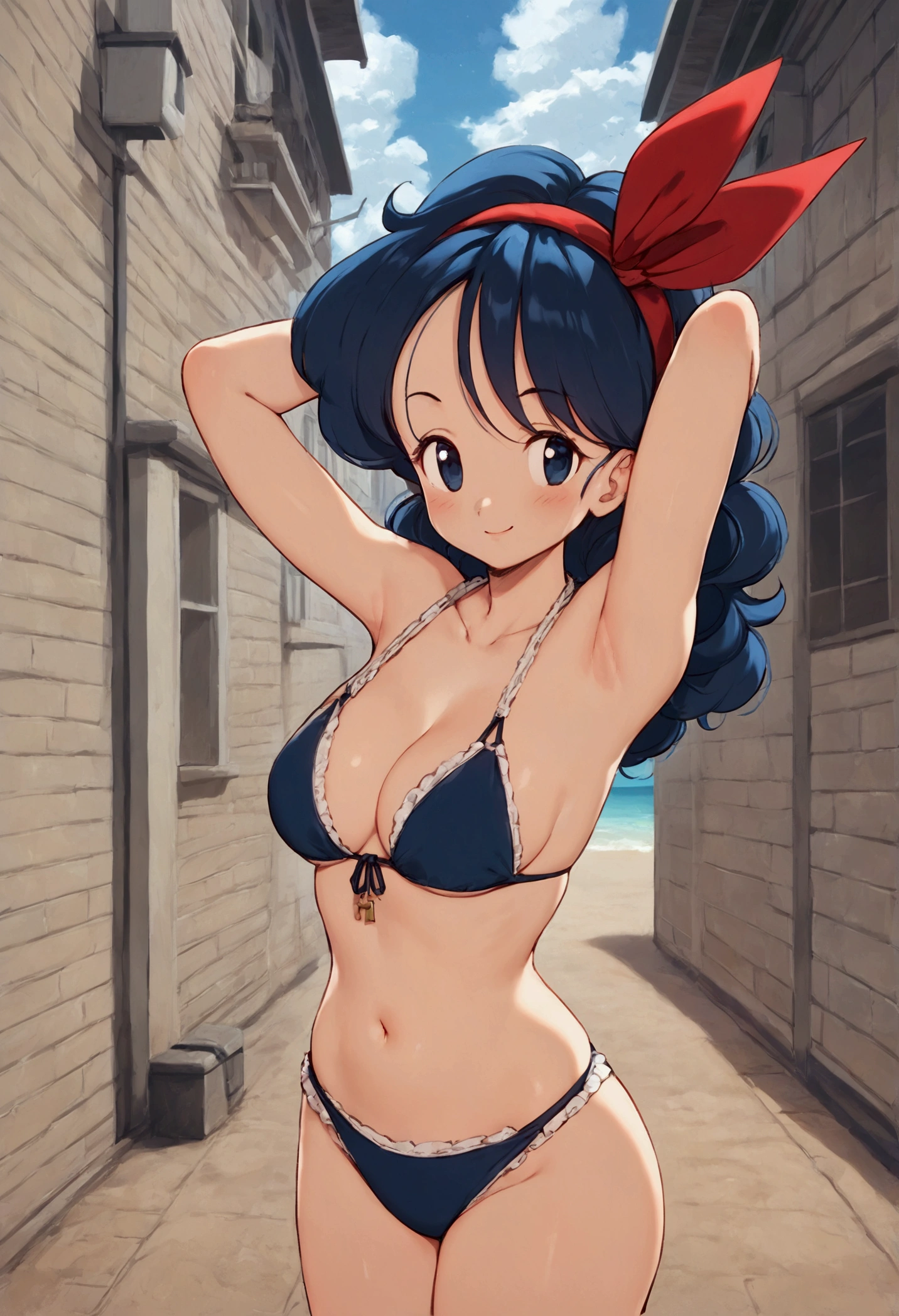 score_9, score_8_up, score_7_up,score_6, score_5, score_4,BREAK ,(breast focus:1.5), from above, cowboy shot, 1girl, launch good, blue eyes, blue hair, long hair, curly hair, nsfw,strings bikini, navy bikini, cleavage, bare hands , bare foot, big breasts, big hip, seductive smile, arms up, arms behind head, outside, beachside,sky,cloud ,sea, anime style, key visual, vibrant, studio anime,highly detailed,masterpiece, best quality,
best aestethic, absurdres,cinematic lighting,(cell anime)