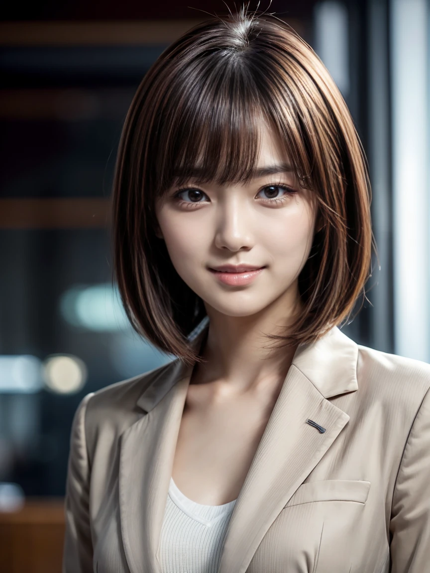 Best Quality, Realistic, Very detailed, finely, High resolution, 8k, Cinema Lighting, 1 person, Beautiful Japanese Woman, Age 30, Light brown straight bob hair, Wear a business suit, (Blurred Background, Office, noon, Sunshine), Sharp focus, Perfect dynamic composition, Narrow eyes:1.5, finelyて美しい目, Thin Hair, Detailed and Realistic skin texture, (smile:1.3), (Tilt your head),