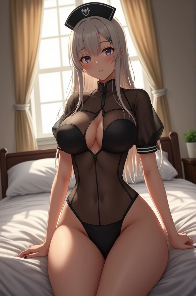 Nipples切り抜き, Clothing cutouts, One girl, Knee socks, Nipples, alone, blush, Dark skinned women, leotard, Blonde, Sitting, Small breasts, hair band, Green Eyes, Animal ears, Long Hair, Large Breasts,  Heart Cutout, Transparent pure white skin