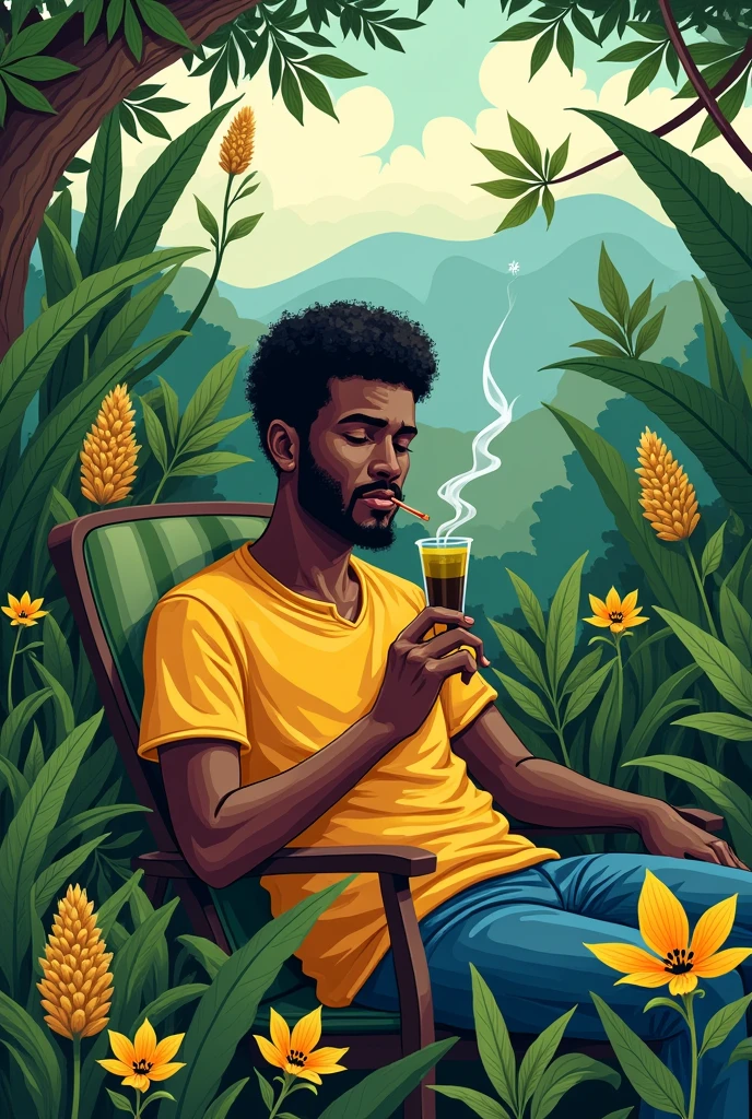 a young man in a cannabis field, colorful clothing, beautiful features, vibrant solid colors, high quality, photorealistic
