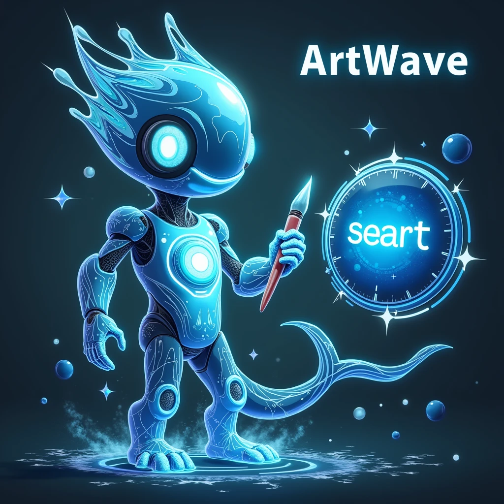 Design a unique cartoon mascot character named "ArtWave",Represents a futuristic AI art platform called "SeaArt"。The character has a flowing liquid body made of holographic light waves,A fusion of organic and mechanical elements,Resembling a humanoid or marine creature。Its body shape varies according to its artistic inspiration,The glowing lines symbolize the flow of data through its body。(Holding a paintbrush and a drawing board,Draw the blue swirl shape,The big circle made of blue sea water has the English word seaart written on i hands become futuristic art tools,Like a beam pen or a floating holographic canvas,There are also small floating assistants around,Acting as its virtual art canvas。The face is abstract,Composed of changing geometric shapes and beams,Rather than traditional features。Its eyes are full of life,Changes color according to mood and creative flow。The overall design incorporates marine fluidity in a visually striking and original way、Elements of future technology and artistic creation,A perfect mascot to represent the endless possibilities of AI art。