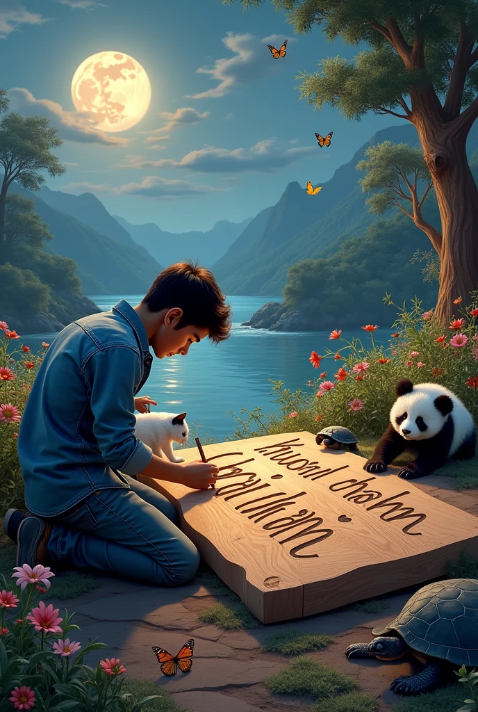 A realistic and fast photo of 1 boy wearing a denim shirt and jeans, carving the name ” Ganesh ” precisely on a large piece of wood. The correct spelling of the name is “Ganesh ”. This is at night. The full moon rises in the sky. On the riverbank, there is a view of the river and the mountain, many beautiful flowers, butterfly, pandas, white Persian cats, turtles, very real and detailed.