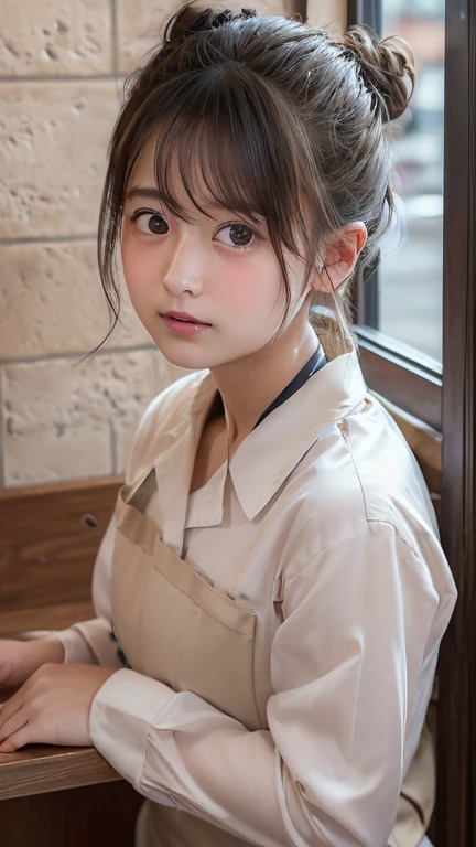 Best image quality, Focus, Soft light, Black hair, (Japanese)), (((Front, 15years old))), (Depth of field), Ultra high resolution, (Real: 1.4), RAW photo, ((waitress uniform))