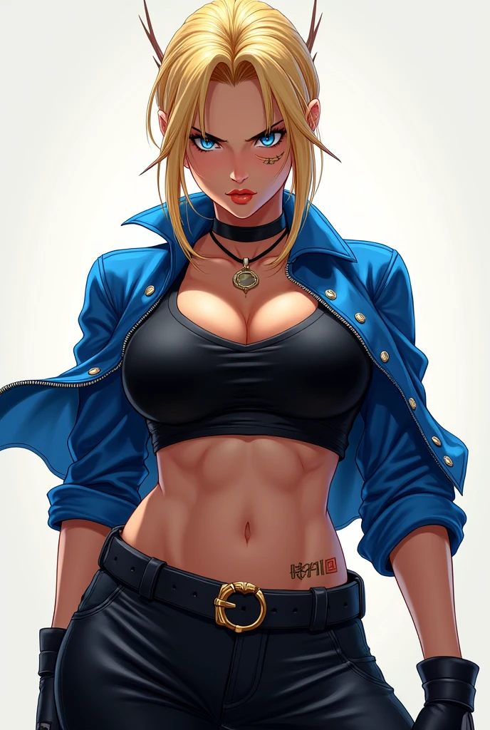 Mujer .rubia ojos azules.cabello rubio dorado , viste shorts. Campera de cuero rockera. Torso desnudo.