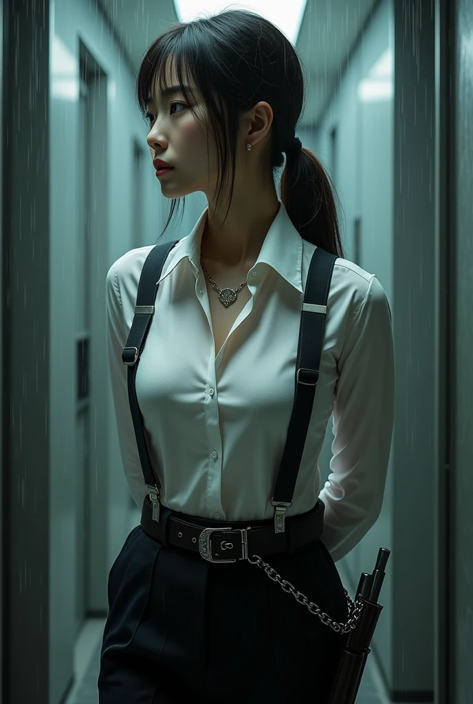 a woman in a suit, belt, hands behind back, sweating, suspenders, black pants, sexly, large breasts, see-through clothing,, detective, office worker, white button-up shirt, (best quality,4K,8k,highres,masterpiece:1.2),ultra-detailed,(realistic,photorealistic,photo-realistic:1.37),hyper-detailed,highly detailed face and body, Slender　thin　suspenders　Moderate breasts　See-through shirt　Nipples　holster　chain　Pistol　Armament　criminal　Female criminal　knife　japanese　profile　Japanese women　arrested handcuff　Cable tie on thumb　Constraints
