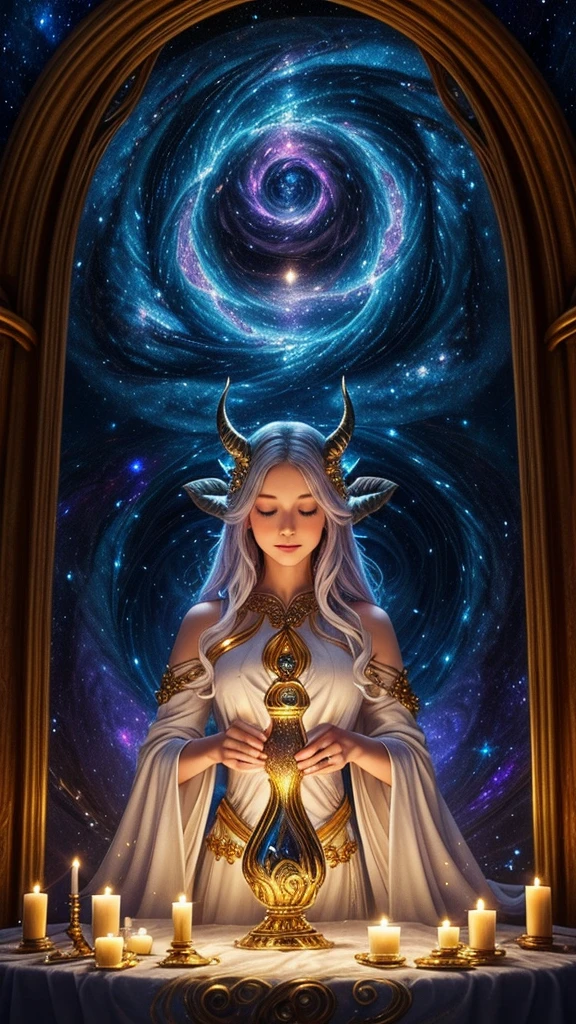 The image presents an enchanting scene within a glass goblet. Inside the goblet swirls a cosmic galaxy reminiscent of a spiral galaxy, adorned with bright stars and celestial elements. At the center of this astral tableau is an adorable, mystical figure with long, silvery hair and delicate horns, graced with floral decorations. She wears a flowing white robe embellished with intricate golden patterns, adding to her ethereal charm. Surrounding the goblet are additional galaxies and swirling cosmic designs, with a radiant full moon nestled softly in the top left corner, enhancing the otherworldly ambiance of the scene. The composition beautifully blends fantasy and cosmic mystery, inviting viewers into a realm of wonder and magic.